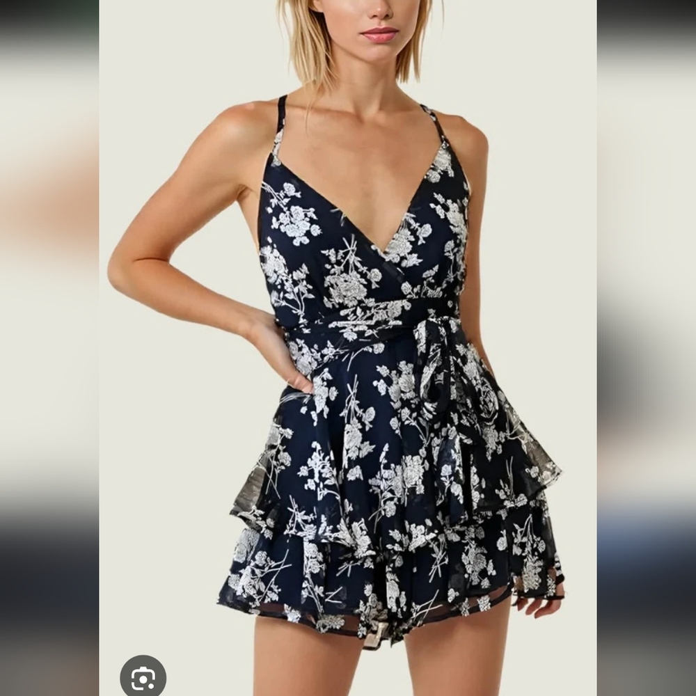 Milk & Honey Satin Black and White Floral Ruffle Romper M